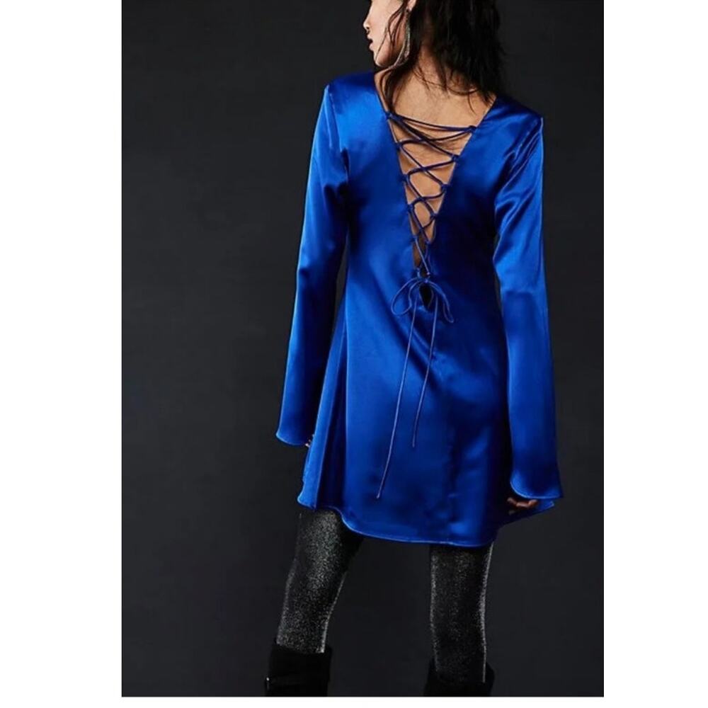 NWT Free People DELFI Amber Mini Shift Dress $368 SMALL Colbalt Blue Long Sleeve